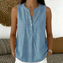 Blusa Larissa™ em Linho de Algodão com Gola Redonda, Abotoamento Frontal e Modelagem Sem Mangas / Versátil Para Diferentes Looks