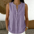 Blusa Larissa™ em Linho de Algodão com Gola Redonda, Abotoamento Frontal e Modelagem Sem Mangas / Versátil Para Diferentes Looks