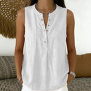 Blusa Larissa™ em Linho de Algodão com Gola Redonda, Abotoamento Frontal e Modelagem Sem Mangas / Versátil Para Diferentes Looks