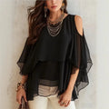 Blusa Isabele™ com Mangas Fluidas, Ombros Vazados e Babados