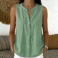 Blusa Larissa™ em Linho de Algodão com Gola Redonda, Abotoamento Frontal e Modelagem Sem Mangas / Versátil Para Diferentes Looks