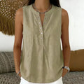 Blusa Larissa™ em Linho de Algodão com Gola Redonda, Abotoamento Frontal e Modelagem Sem Mangas / Versátil Para Diferentes Looks