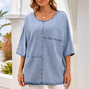 Blusa Mirelle™ com Design Minimalista, Modelagem Ampla e Decote Arredondado