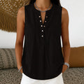 Blusa Larissa™ em Linho de Algodão com Gola Redonda, Abotoamento Frontal e Modelagem Sem Mangas / Versátil Para Diferentes Looks