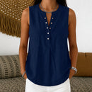 Blusa Larissa™ em Linho de Algodão com Gola Redonda, Abotoamento Frontal e Modelagem Sem Mangas / Versátil Para Diferentes Looks